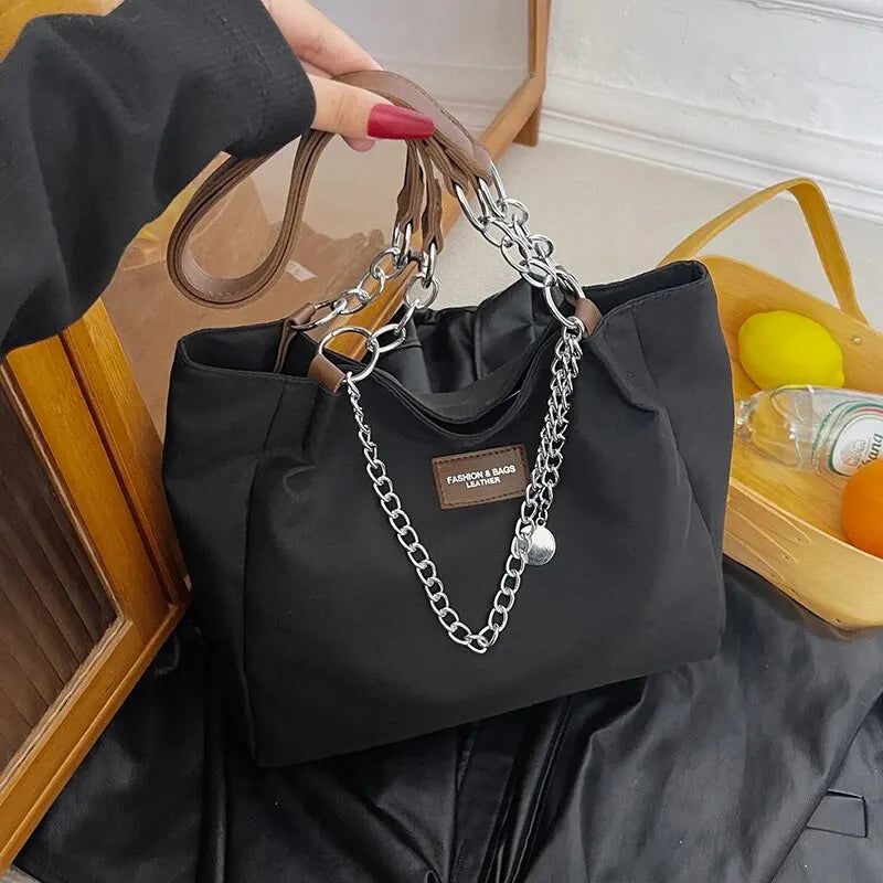 Nylon Tote Bag with Chain for Women | Single Shoulder | Solid Color and Fashionable Design