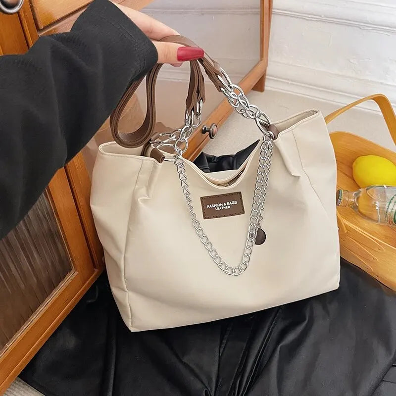 Nylon Tote Bag with Chain for Women | Single Shoulder | Solid Color and Fashionable Design