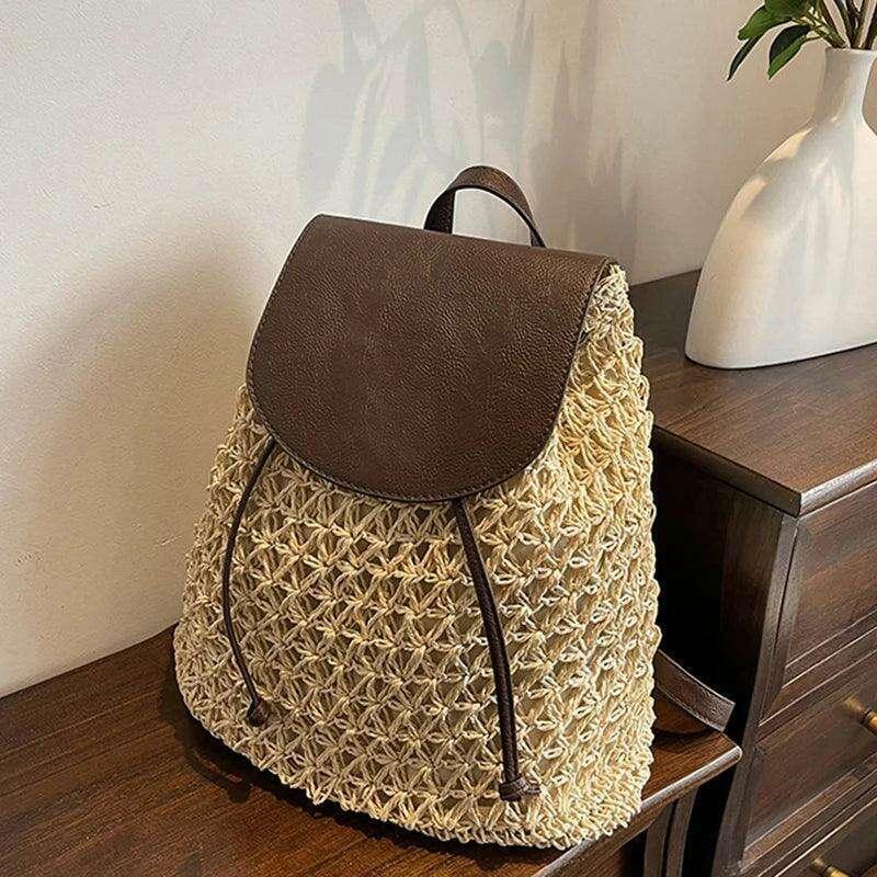 Boho style straw backpack for the beach