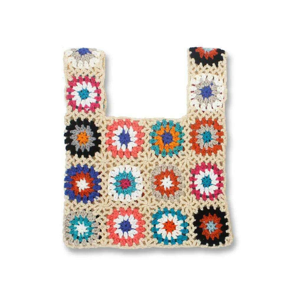 Knitted bag with a square floral design