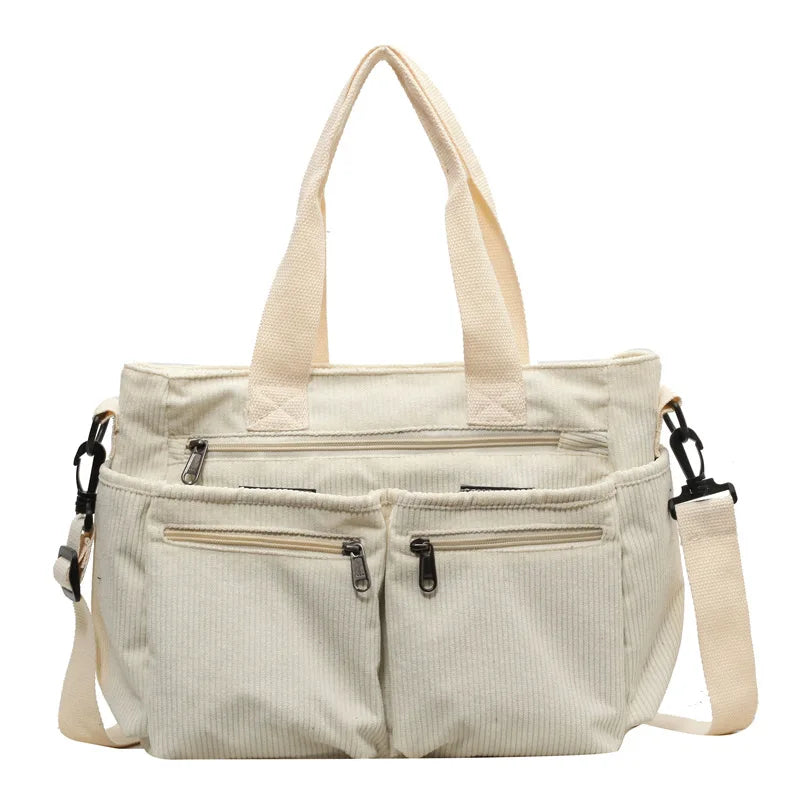 Corduroy Shoulder Bag with Zipper – Fashionable Multi-Compartment Bag for Women