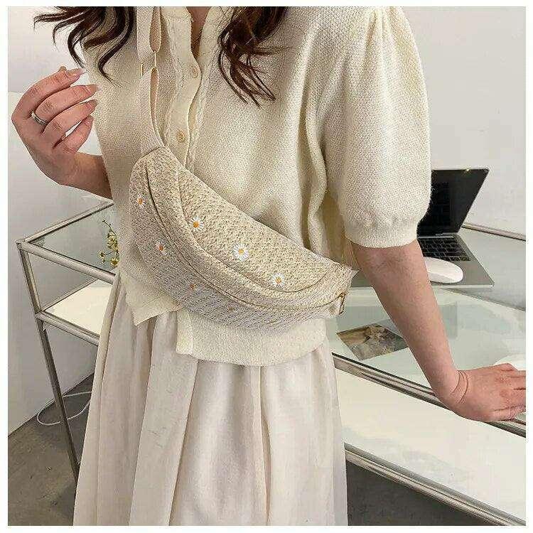 Knitted pouch bag with floral embroidery