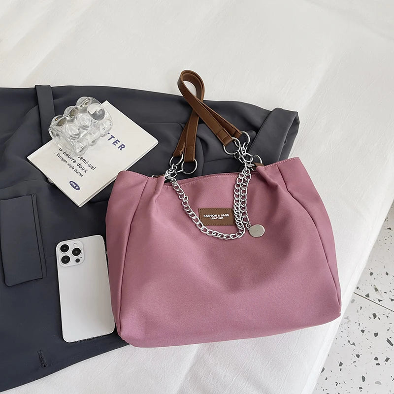 Nylon Tote Bag with Chain for Women | Single Shoulder | Solid Color and Fashionable Design