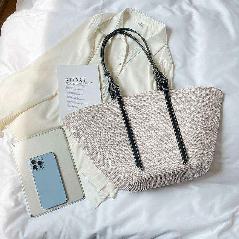 תיק קש אופנתי עם רצועות עור