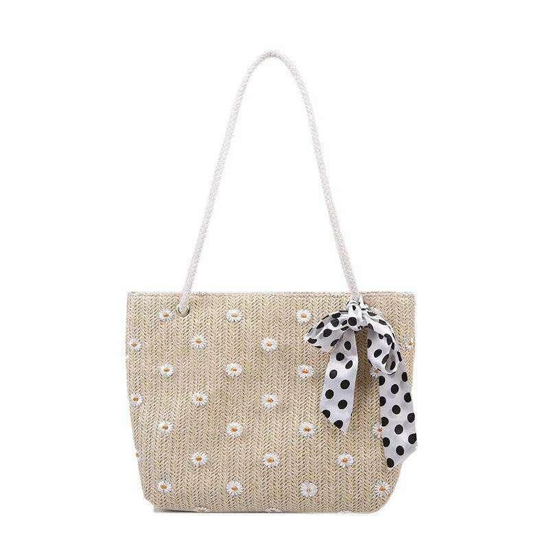 תיק קש נשי עם עיטורים פרחוניים וסרט משי מנוקד