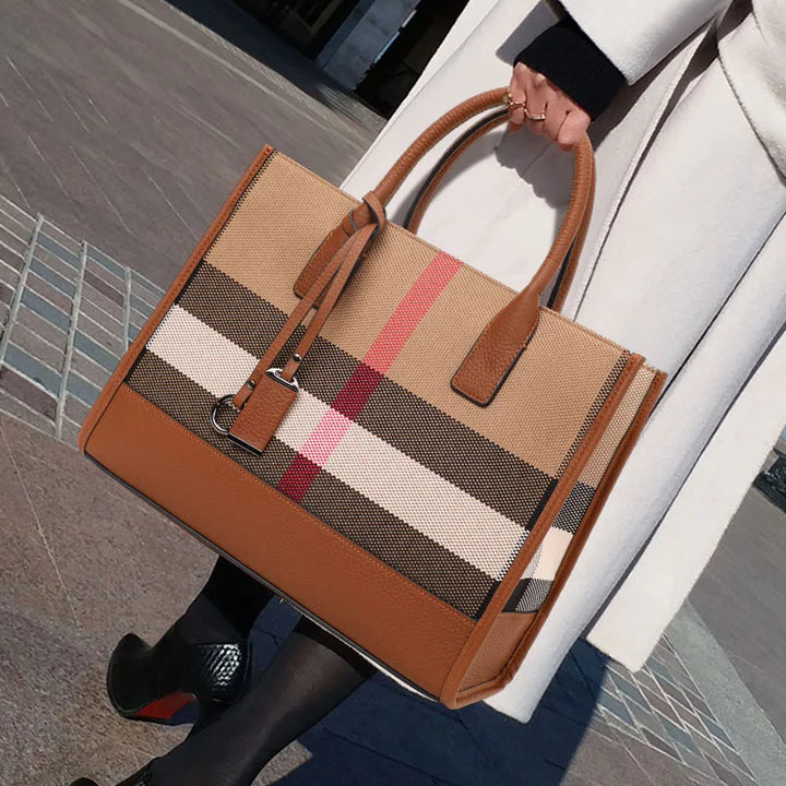 Luxury Plaid Canvas Tote Bag | Pearls | Classic Designer Style for Women
