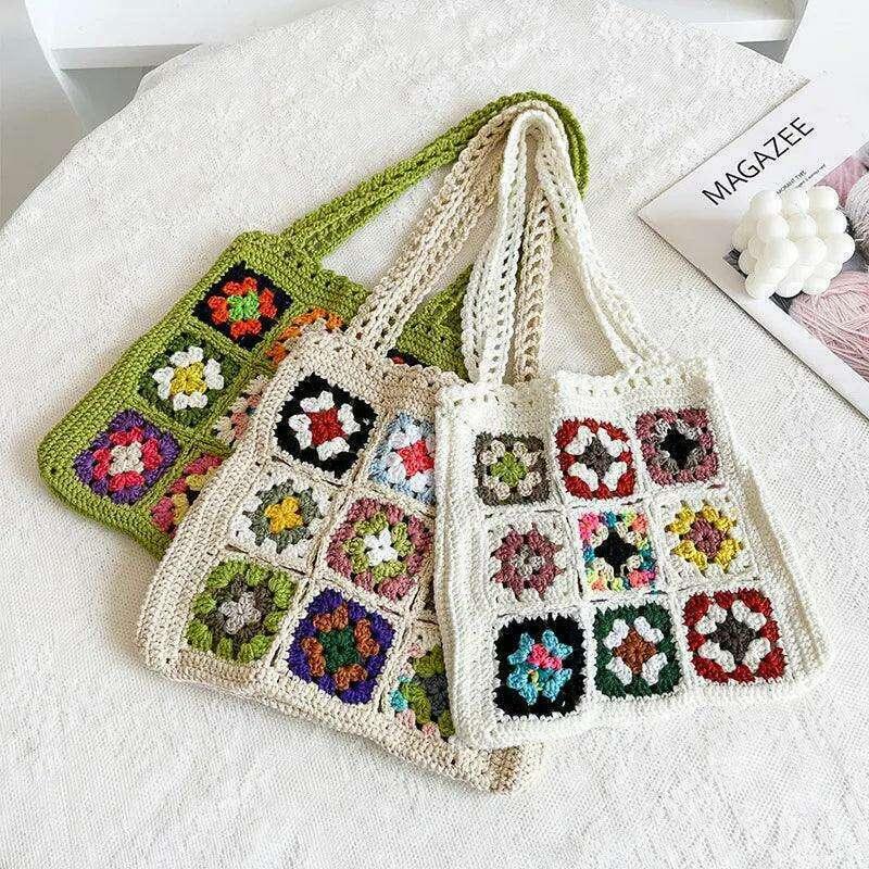 Knitted bag with a square floral design