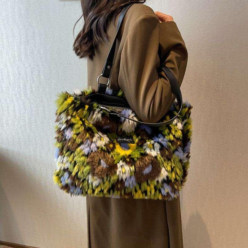 A fur bag for women with a colorful and bold design